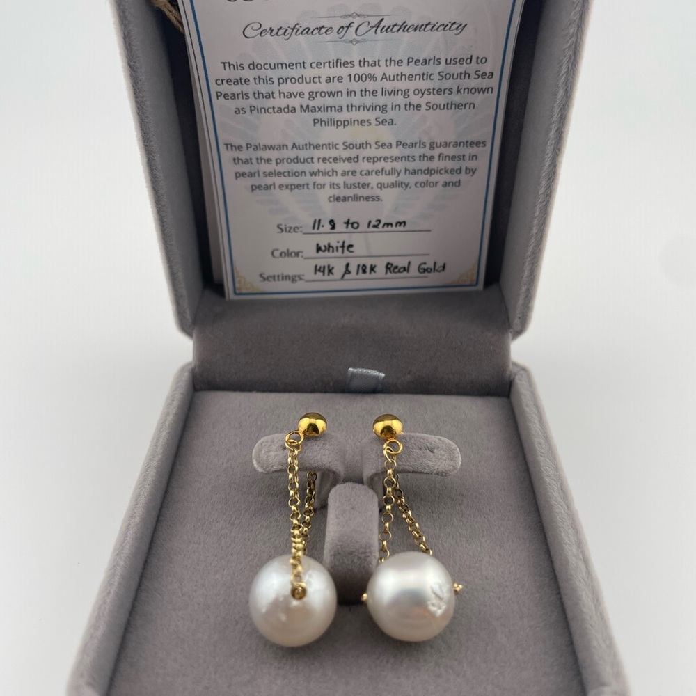 Rare 12mm South Sea Pearl Drops | Solid 18K Gold | Palawan Origin